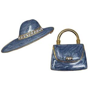 Vintage Blue Enamel Hat & Purse Brooch Matching Set Rhinestone Gold Tone Lot